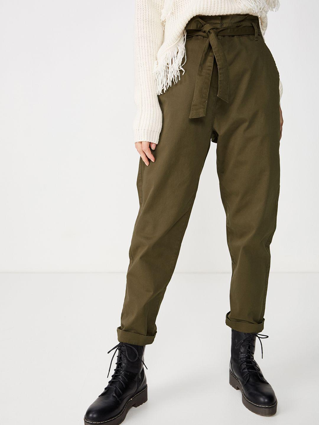 cotton on women olive green regular fit solid regular trousers