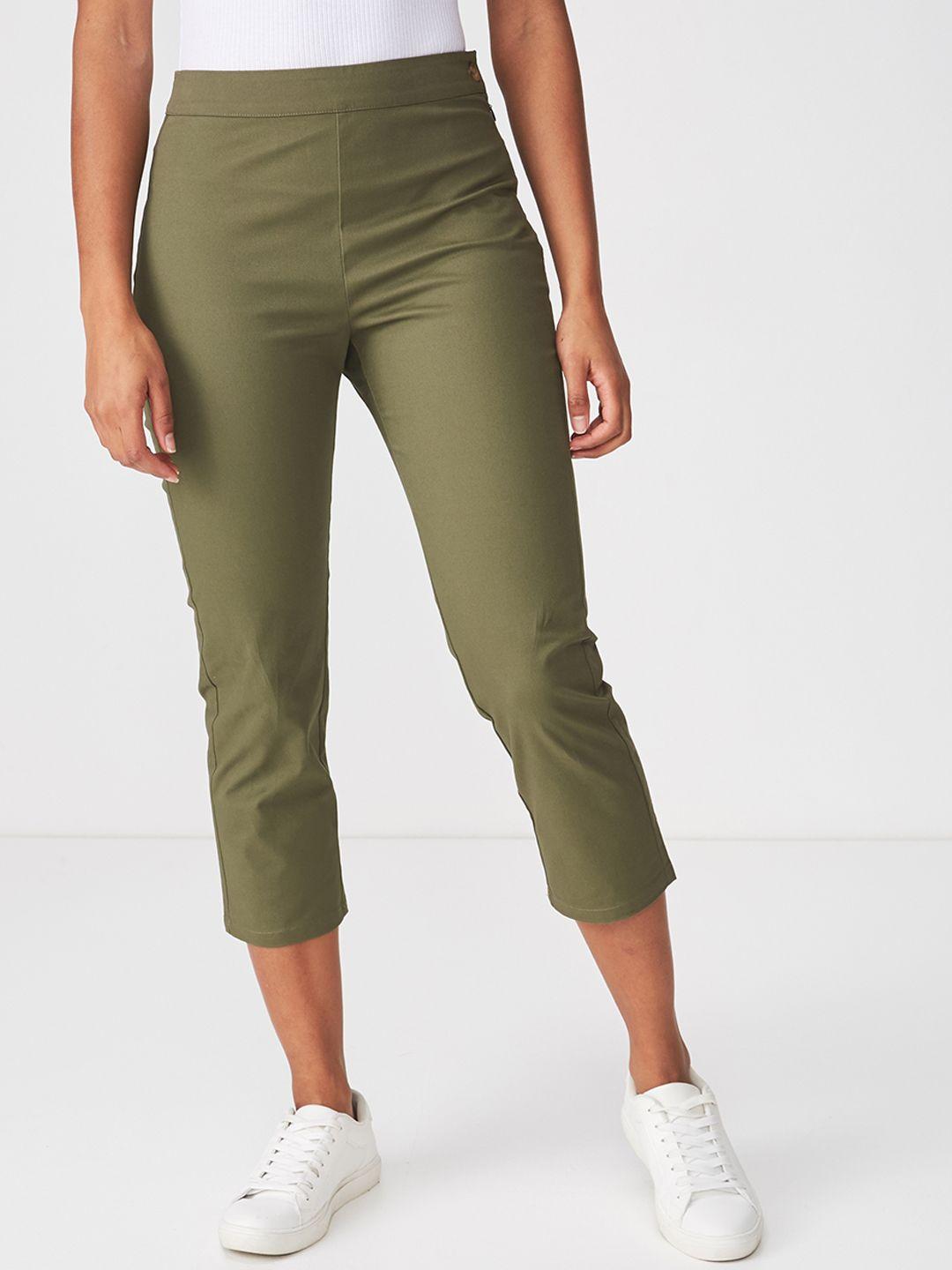 cotton on women olive green slim fit solid regular trousers