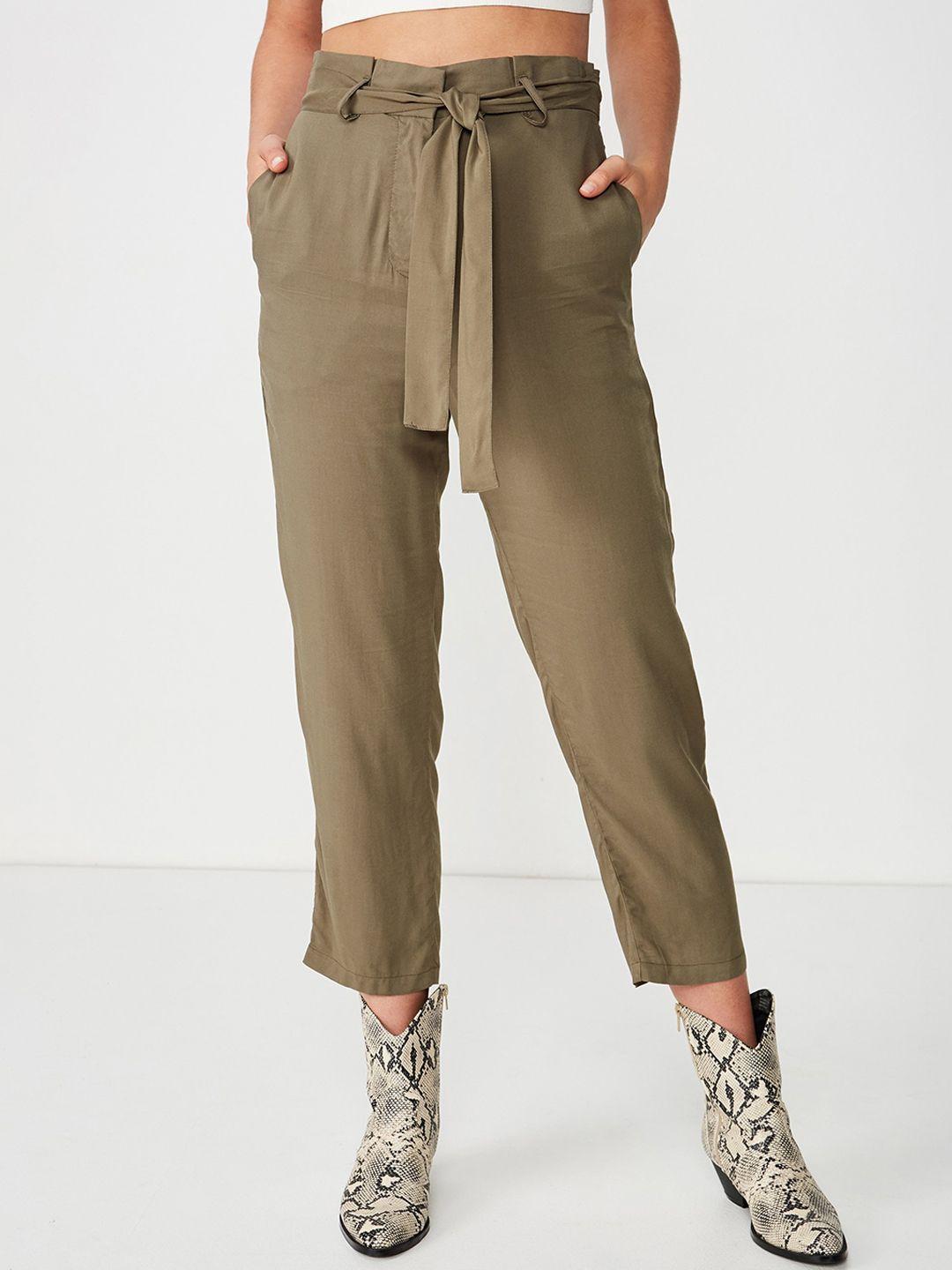 cotton on women olive green slim fit solid regular trousers