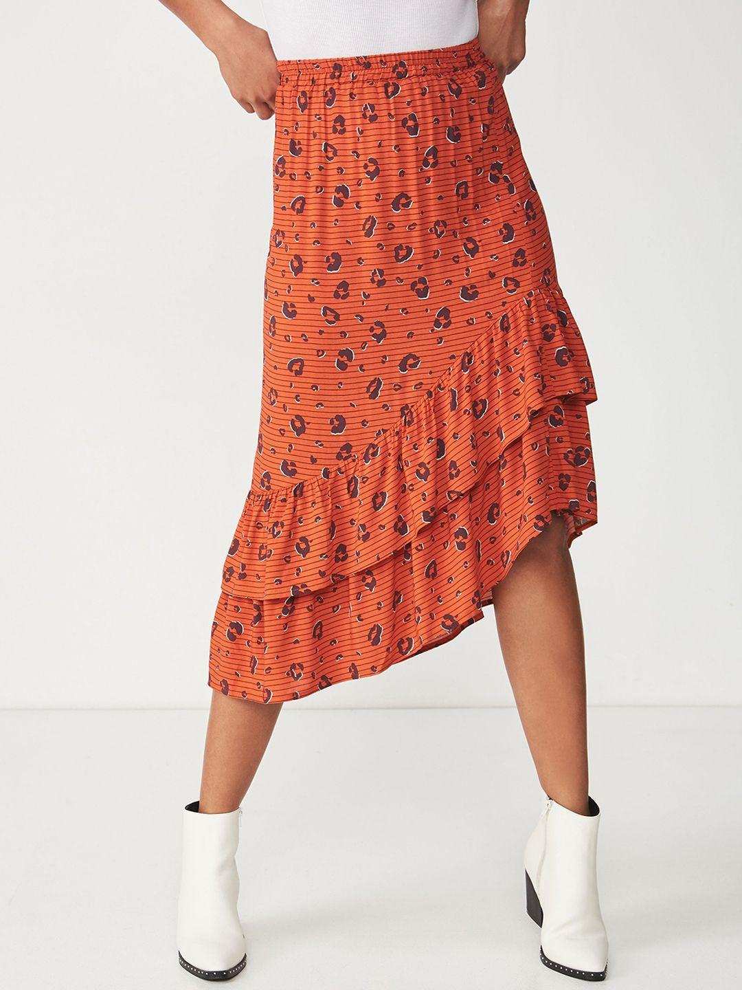 cotton on women orange & brown animal printed a-line skirt