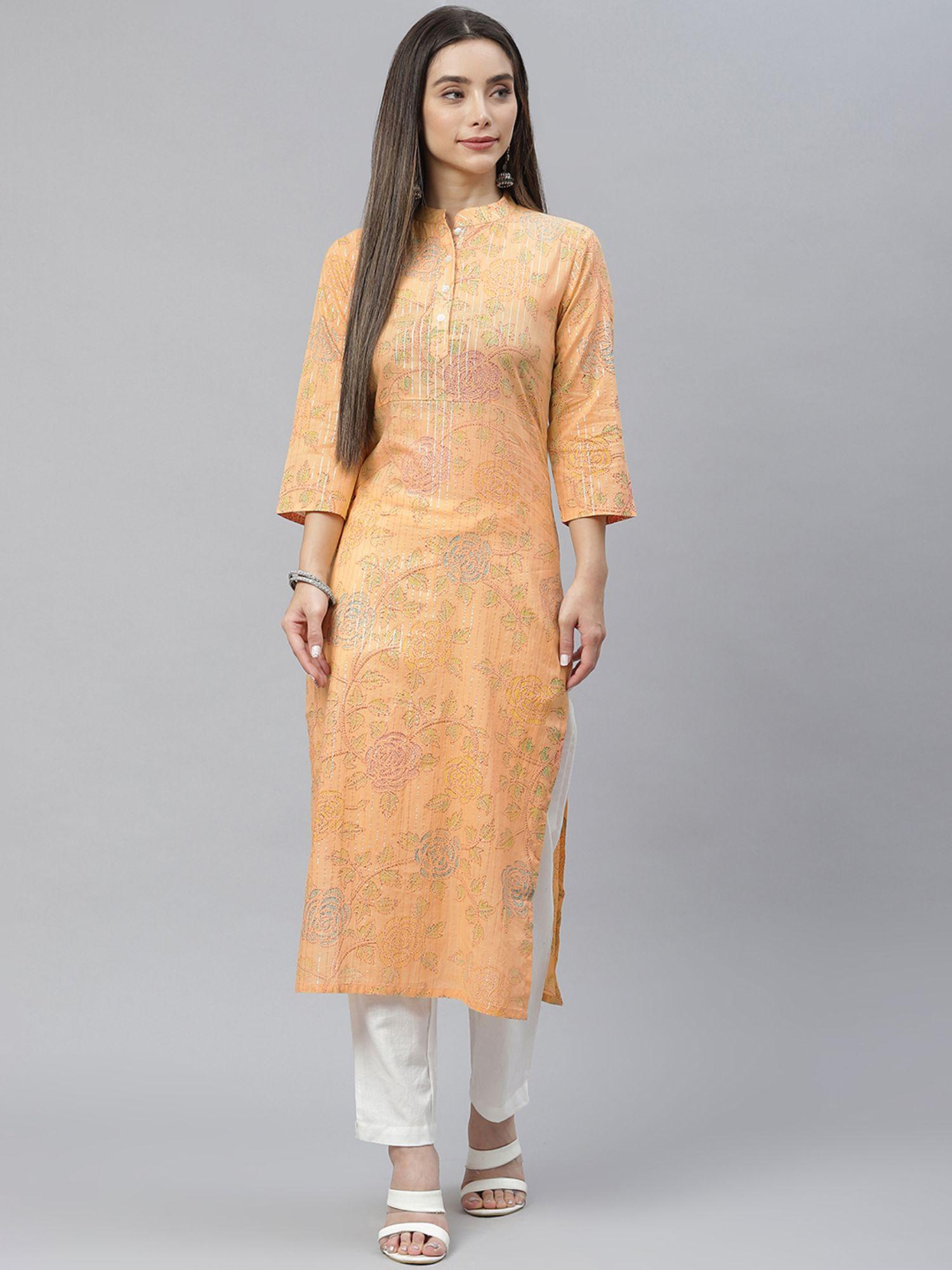 cotton orange lurex floral print straight kurta