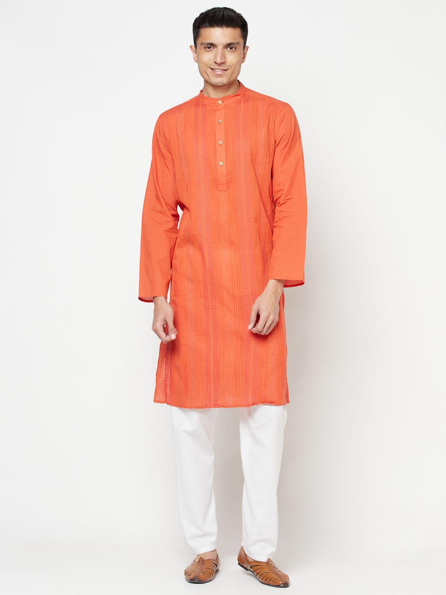 cotton orange printed men kurta