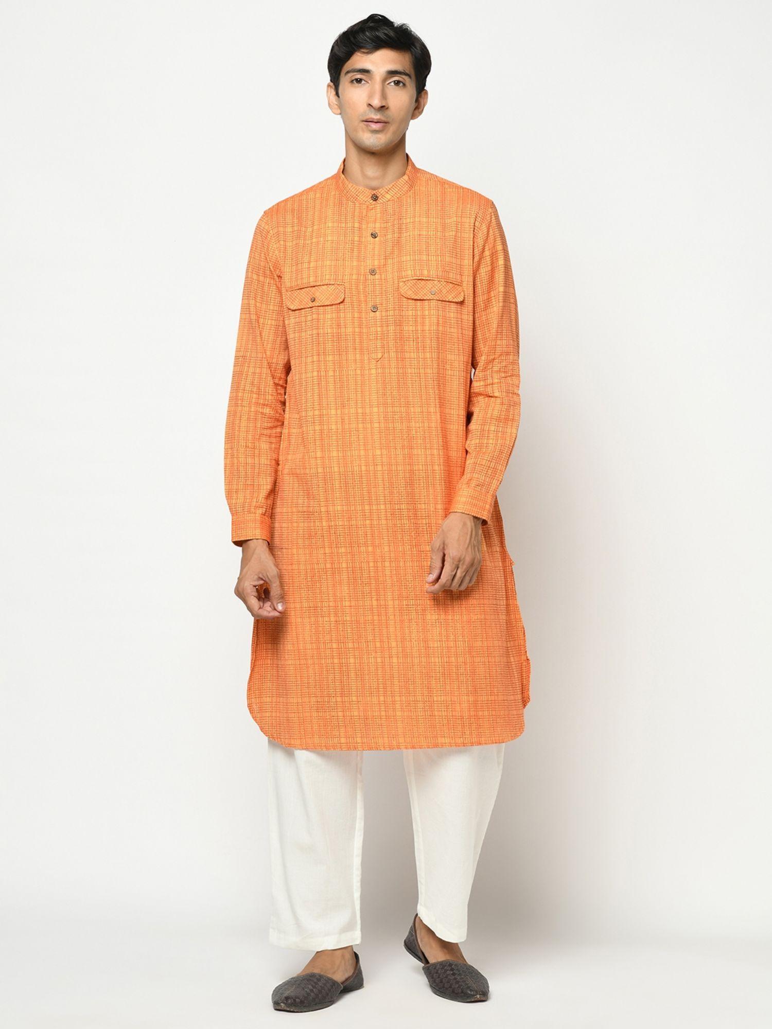 cotton orange striped men kurta