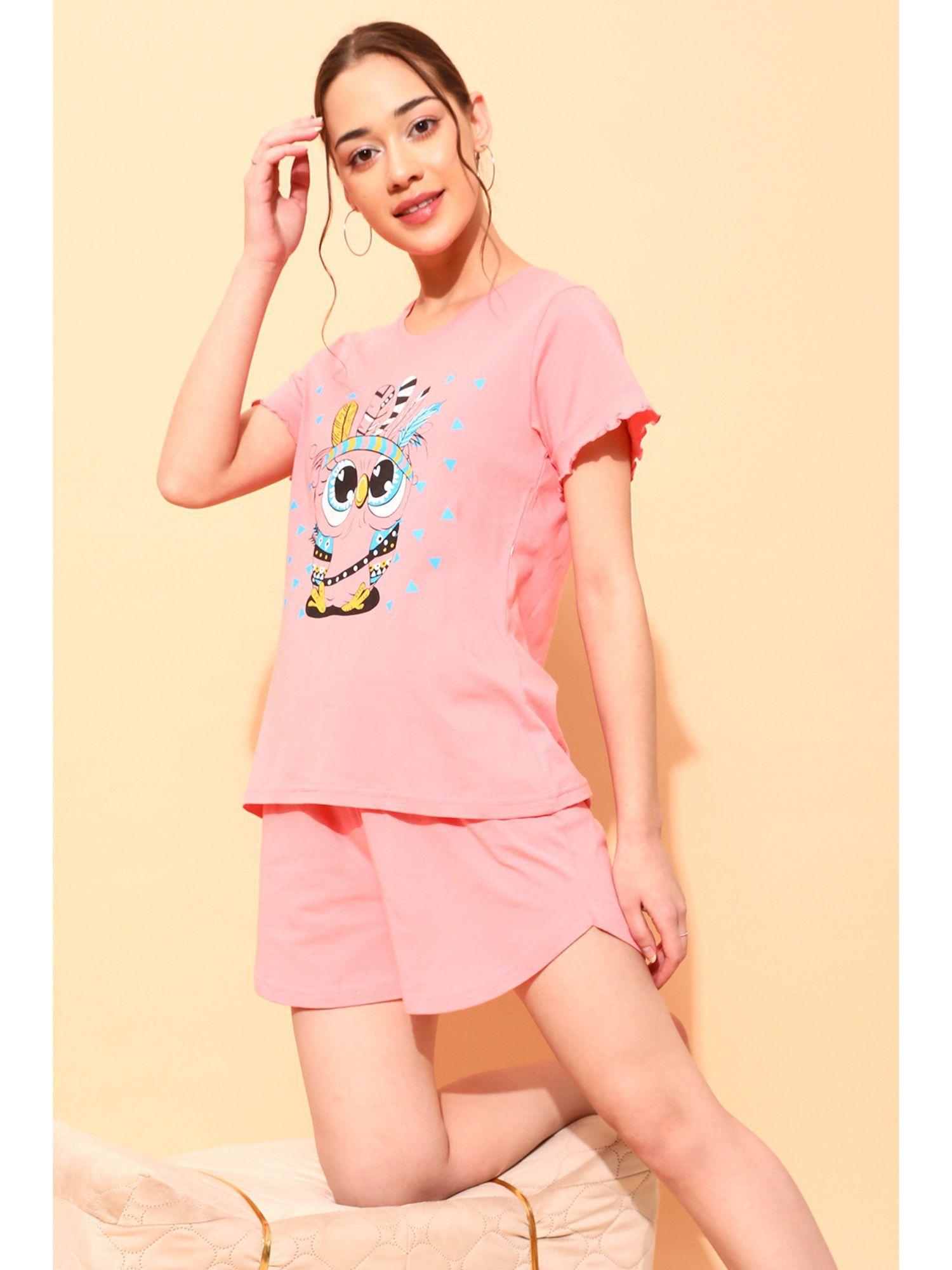 cotton owl printed top & shorts set - pink