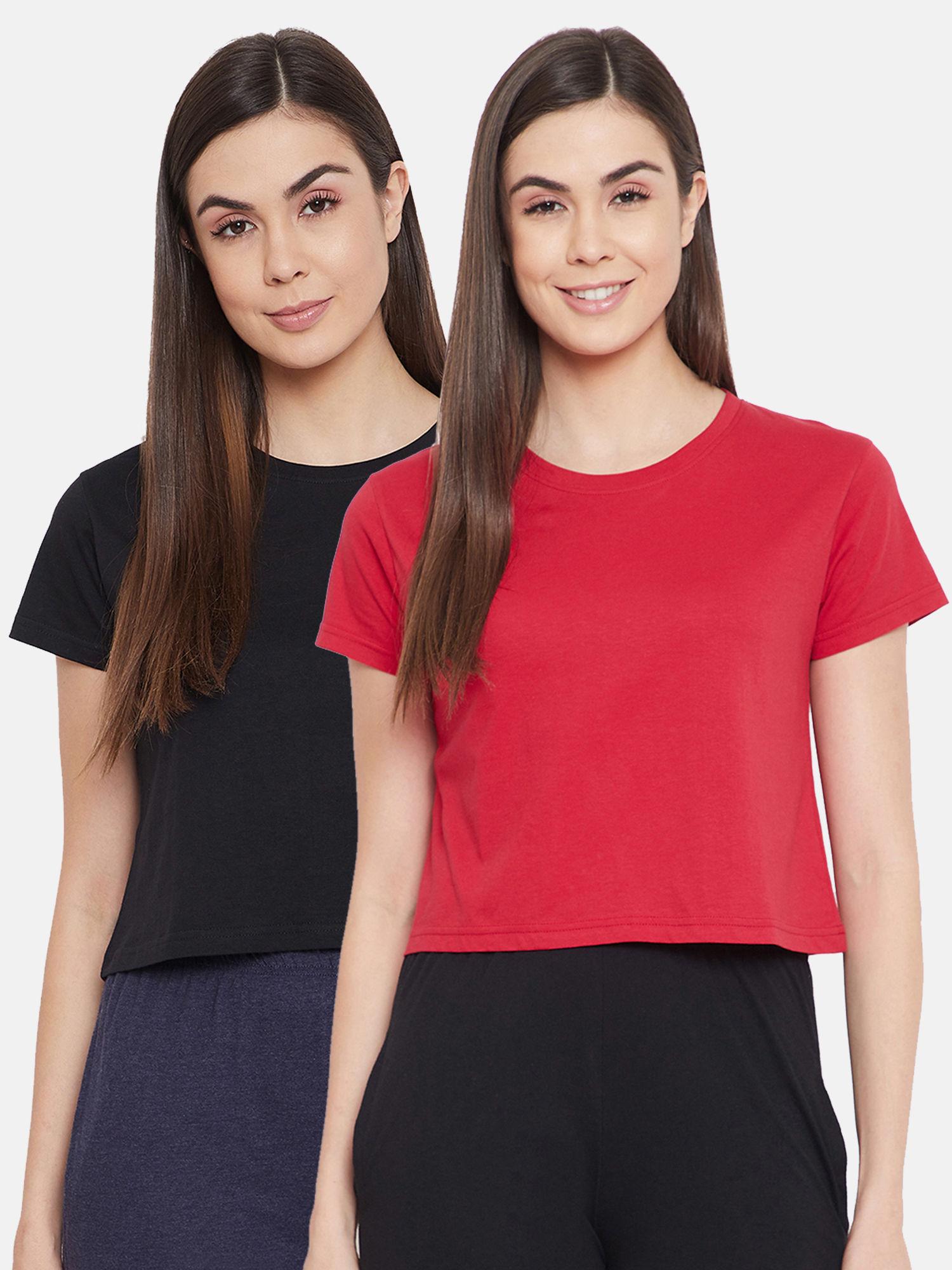 cotton pack of 2 chic basic cropped sleep t-shirt-black & red