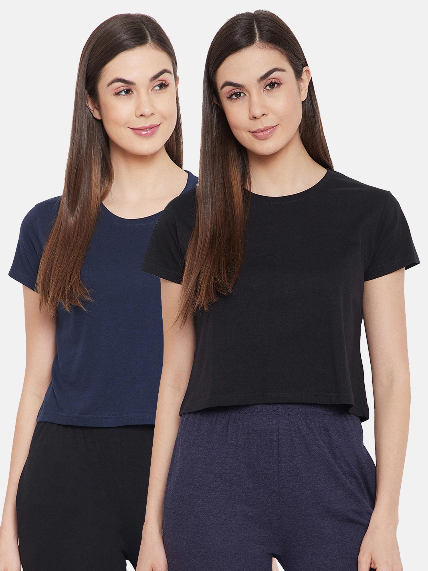 cotton pack of 2 chic basic cropped sleep t-shirt-blue & black