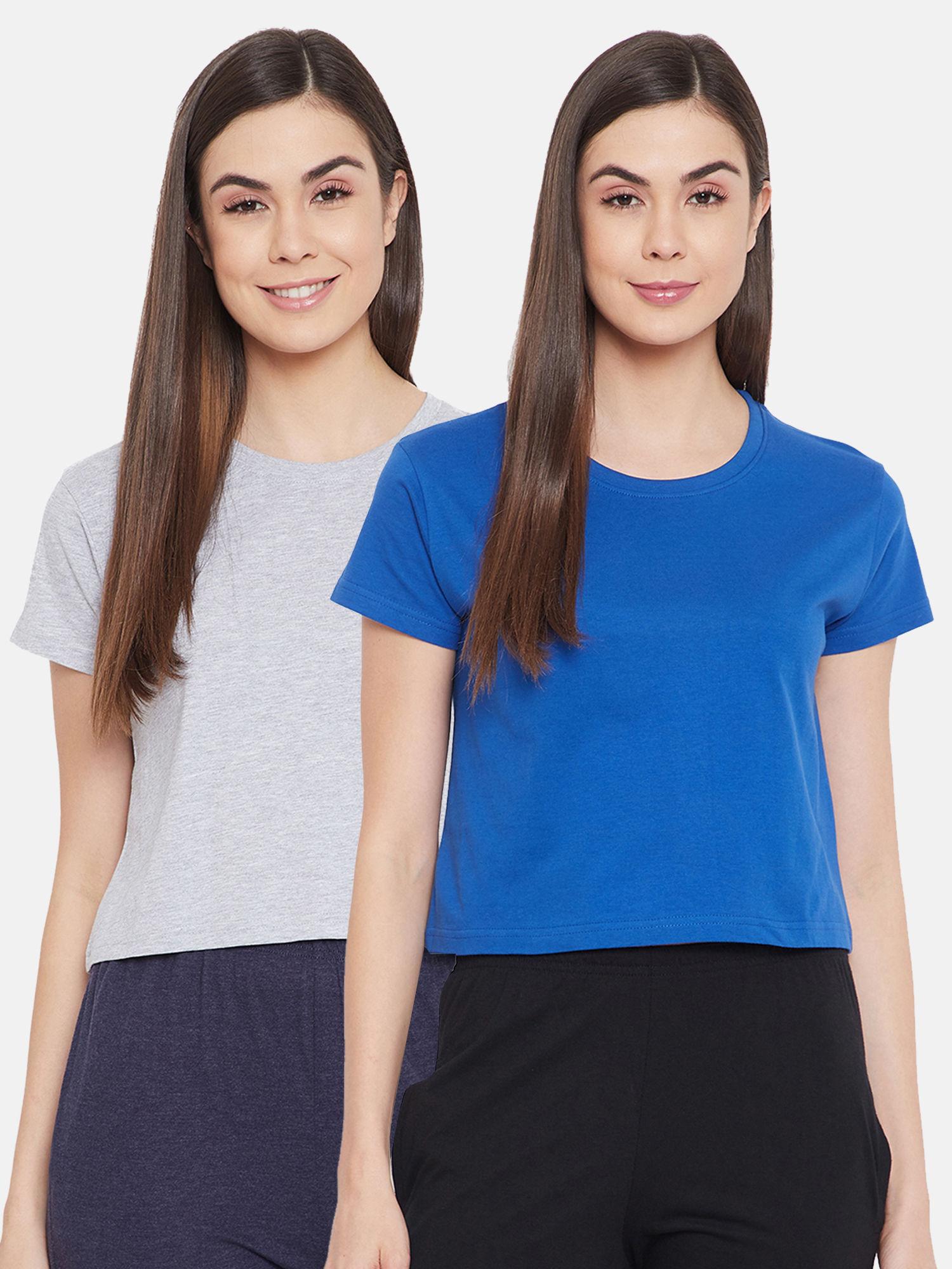 cotton pack of 2 chic basic cropped sleep t-shirt-grey & blue