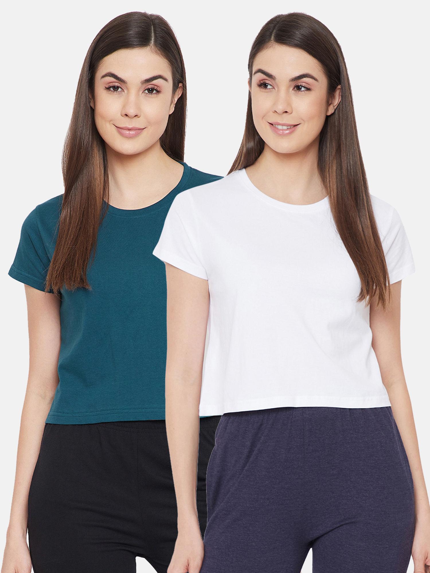 cotton pack of 2 chic basic cropped sleep t-shirt-white & blue