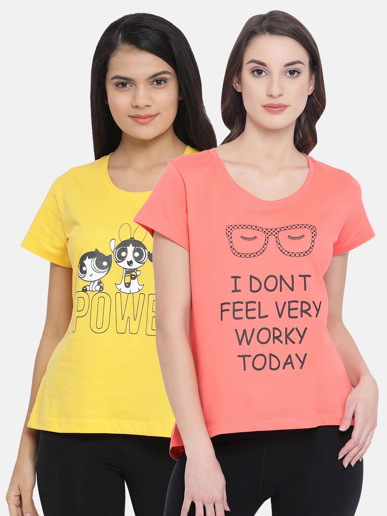 cotton pack of 2 print me pretty t-shirt-yellow & pink