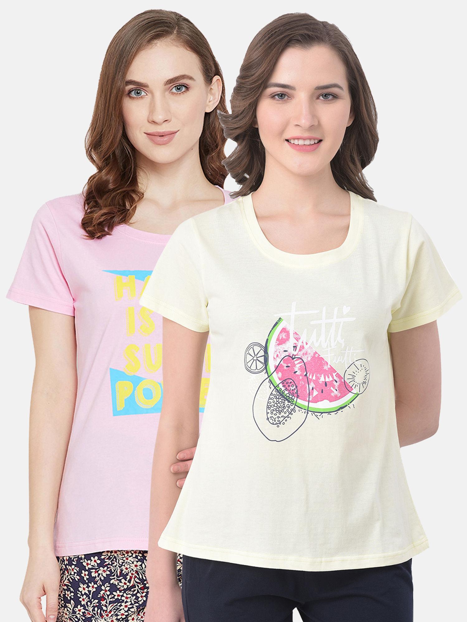 cotton pack of 2 print me pretty t-shirt-yellow & pink