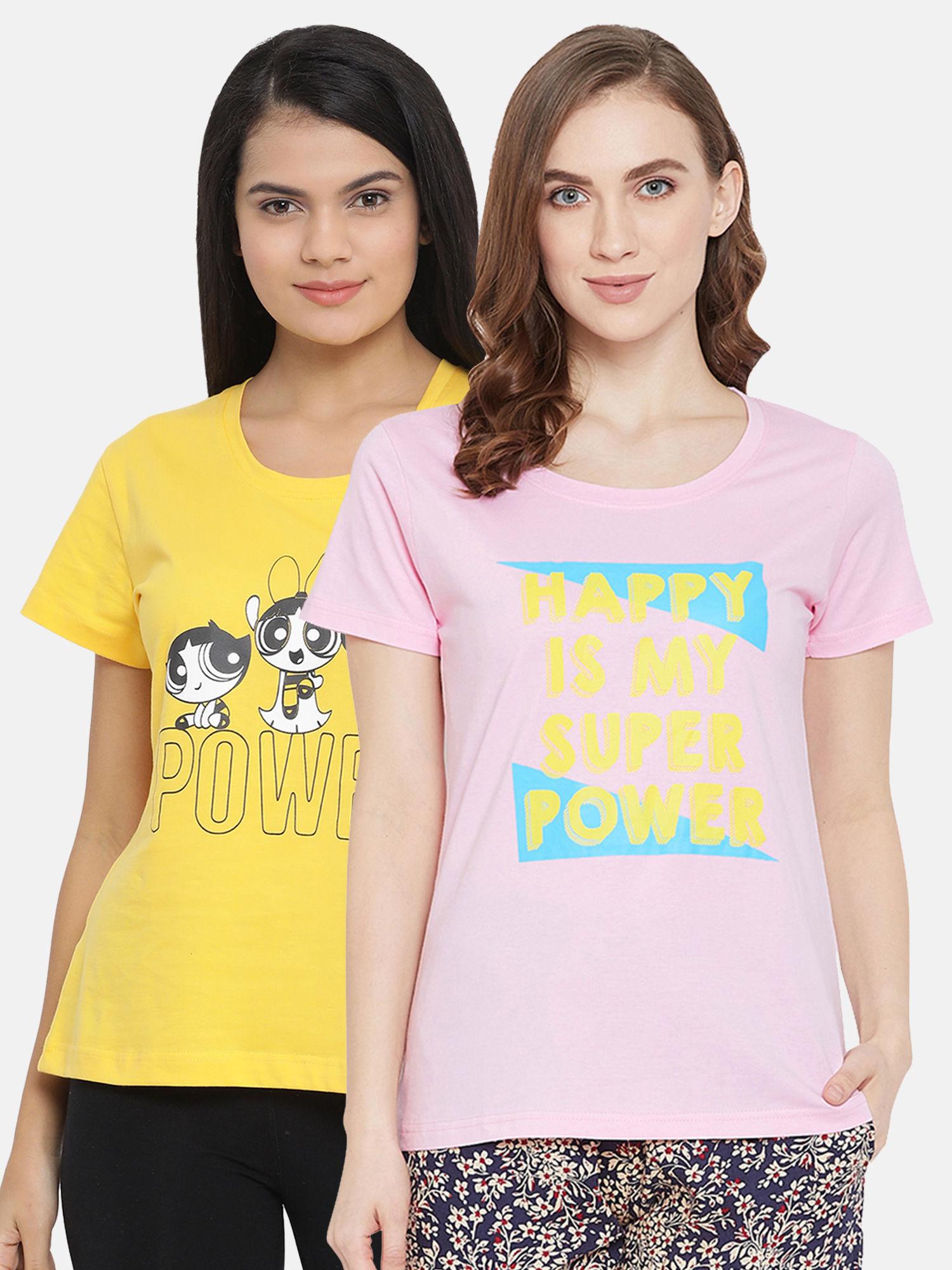 cotton pack of 2 printed t-shirt-pink & yellow