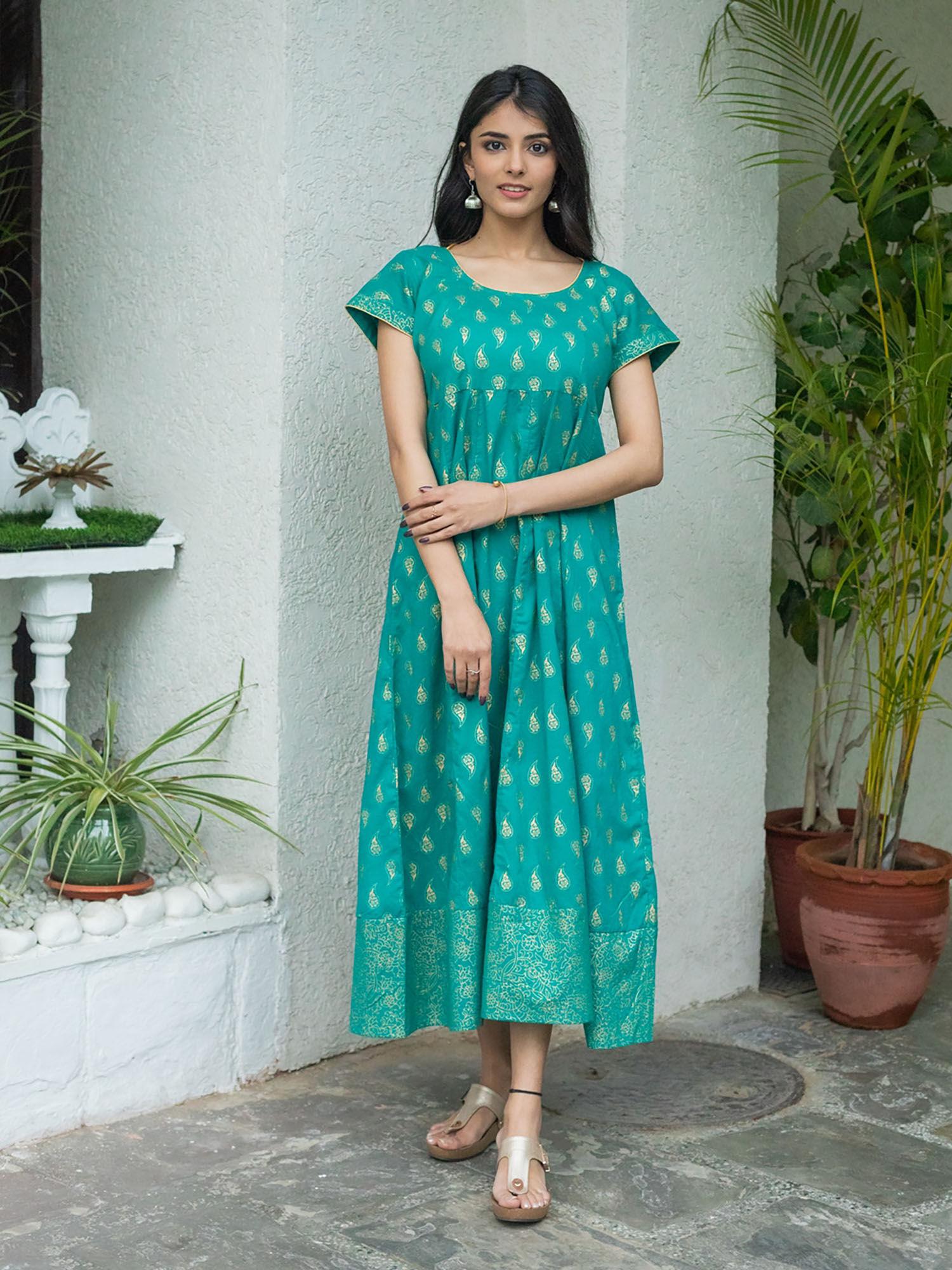 cotton paisley print anarkali dress-green