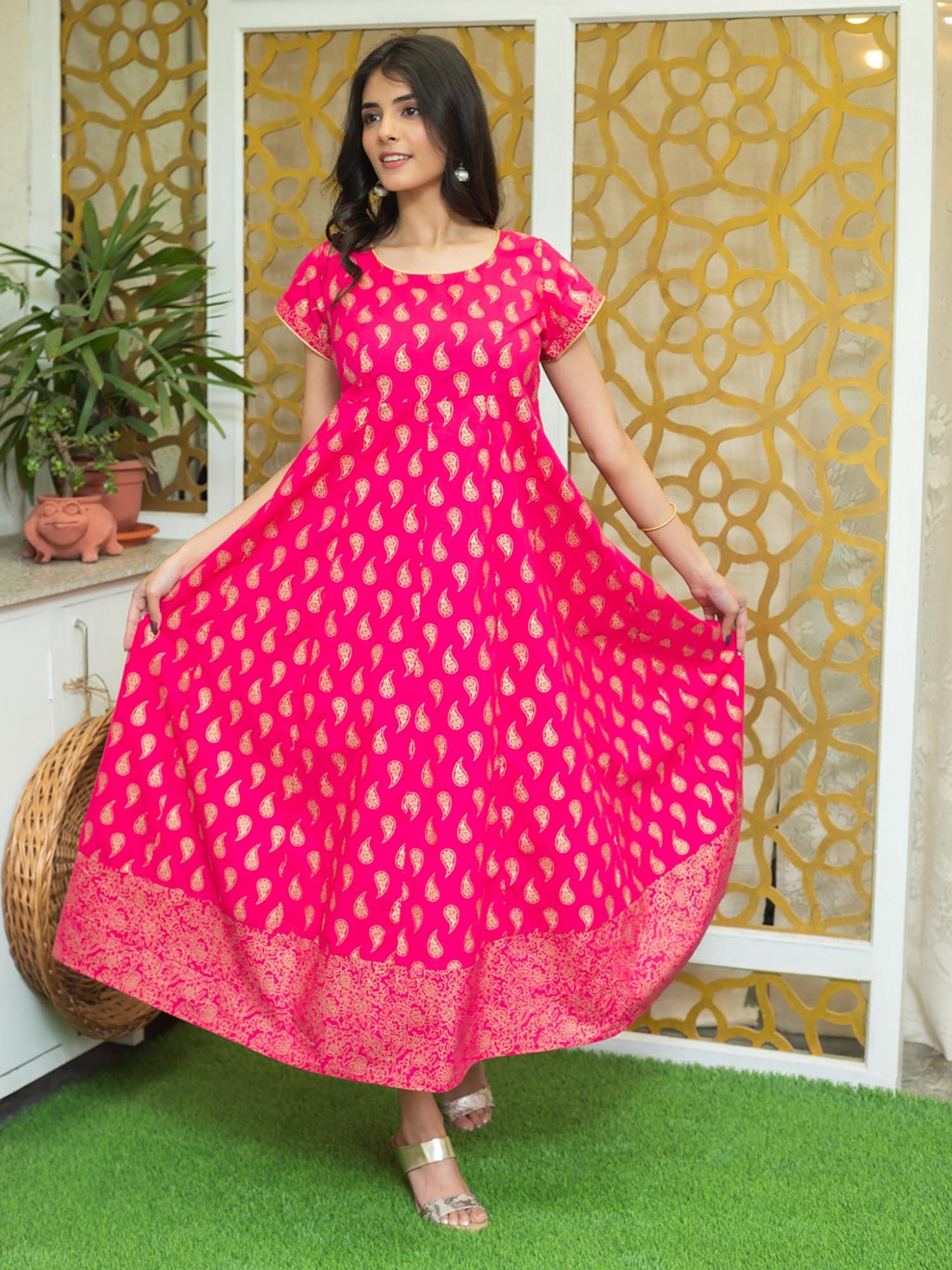 cotton paisley print anarkali dress-pink