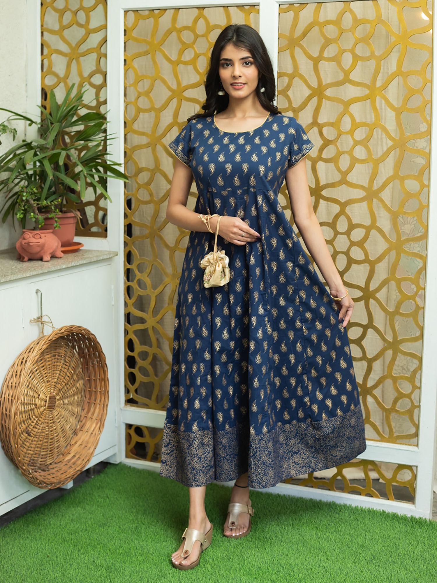 cotton paisley print anarkali kurta-navy