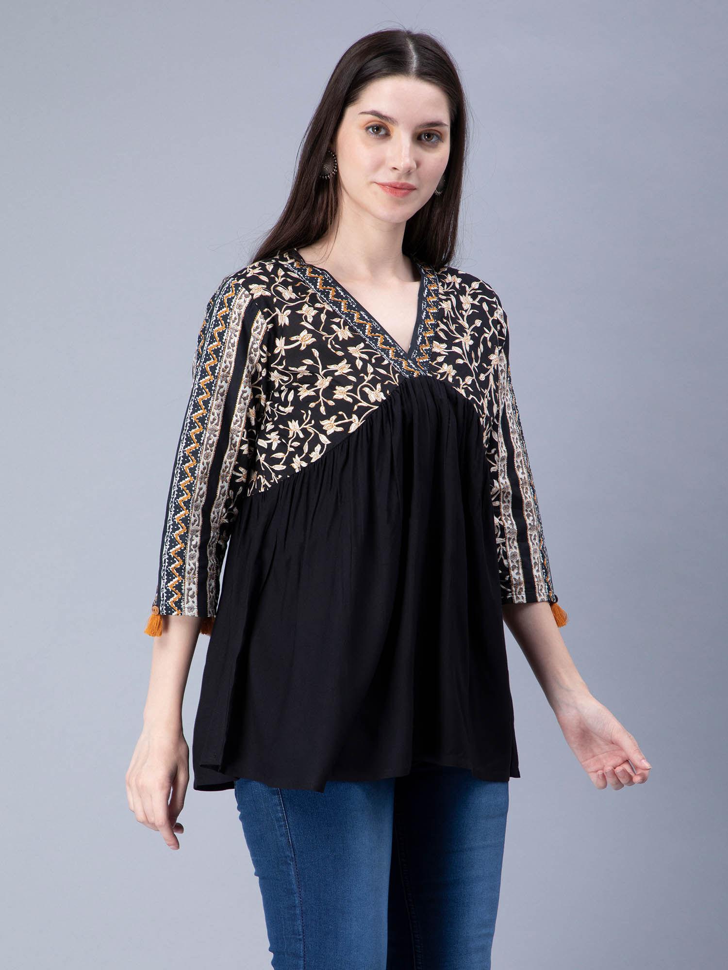 cotton peplum style v-neck black ethnic top