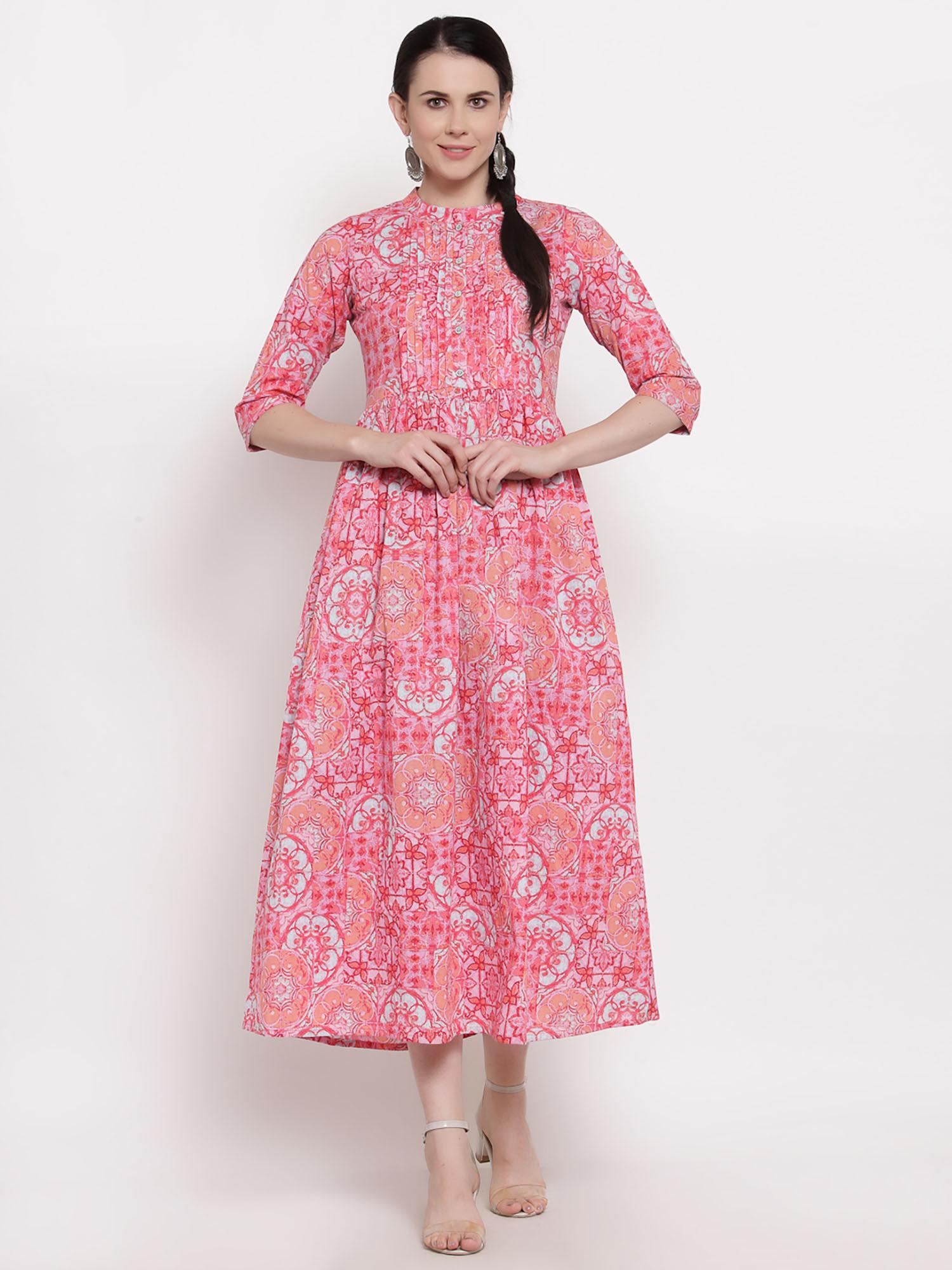 cotton pink floral print a-line maxi dress