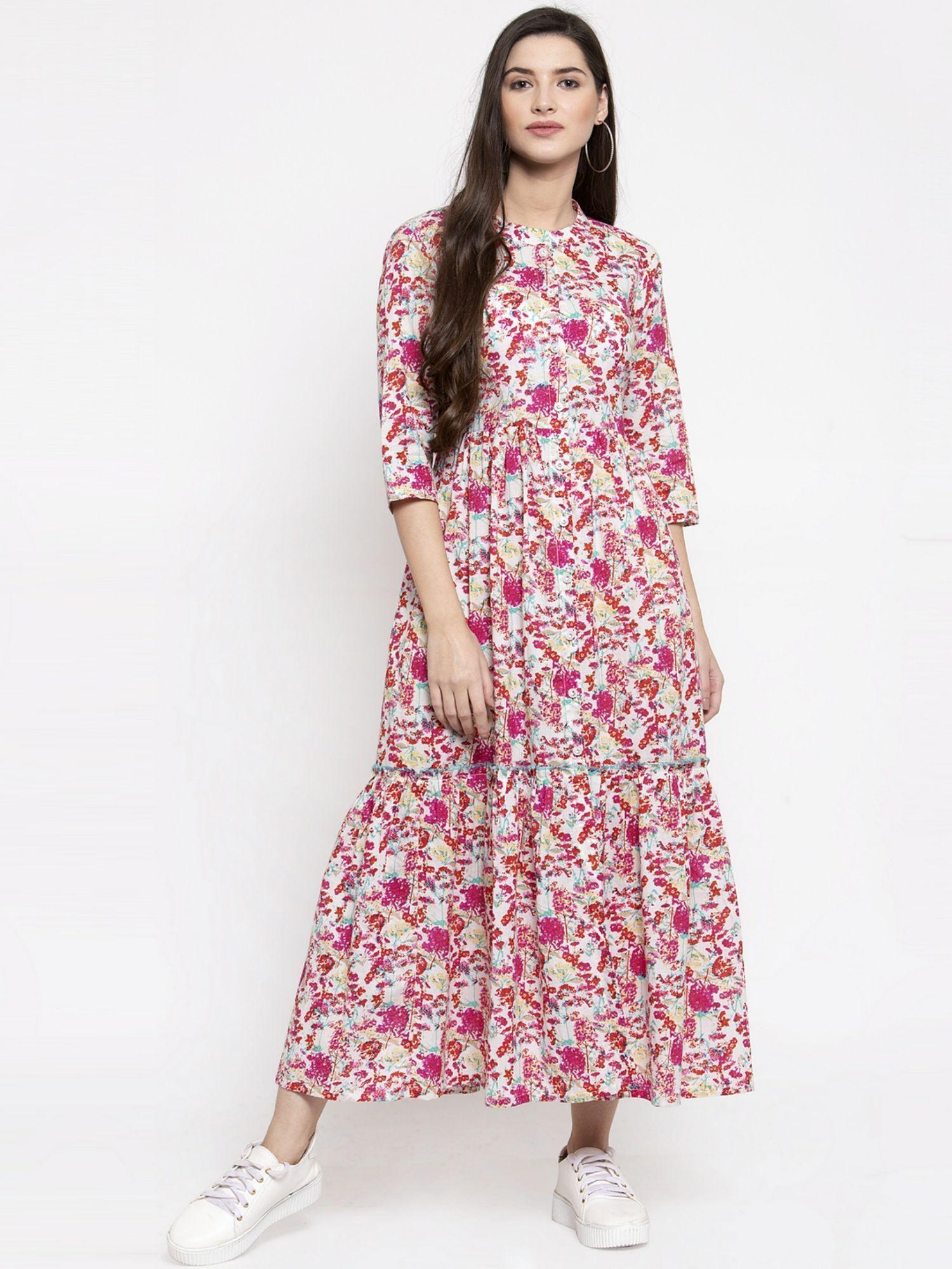 cotton pink floral print front slit a-line dress