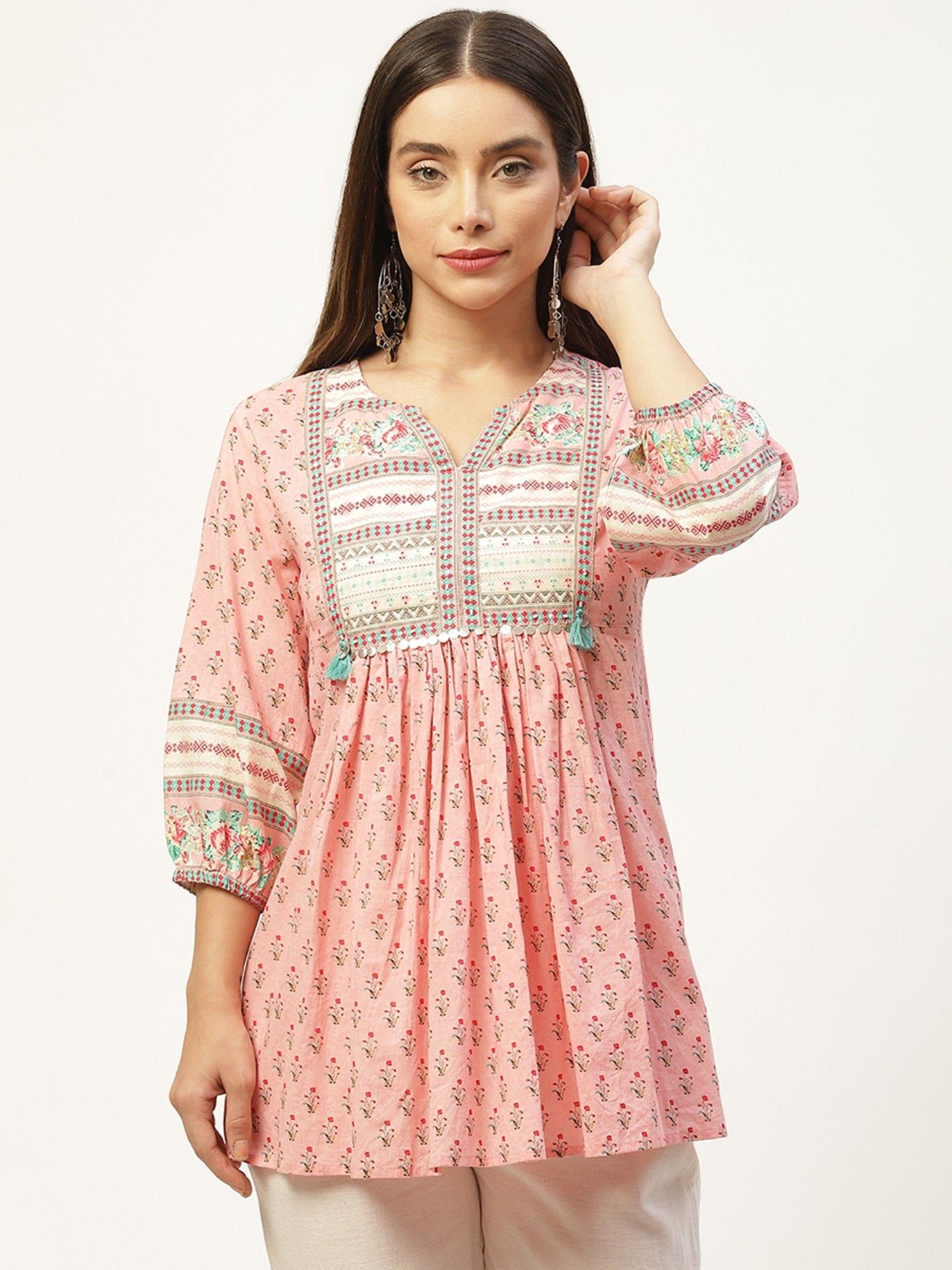 cotton pink printed round neck three fourth sleeves women top