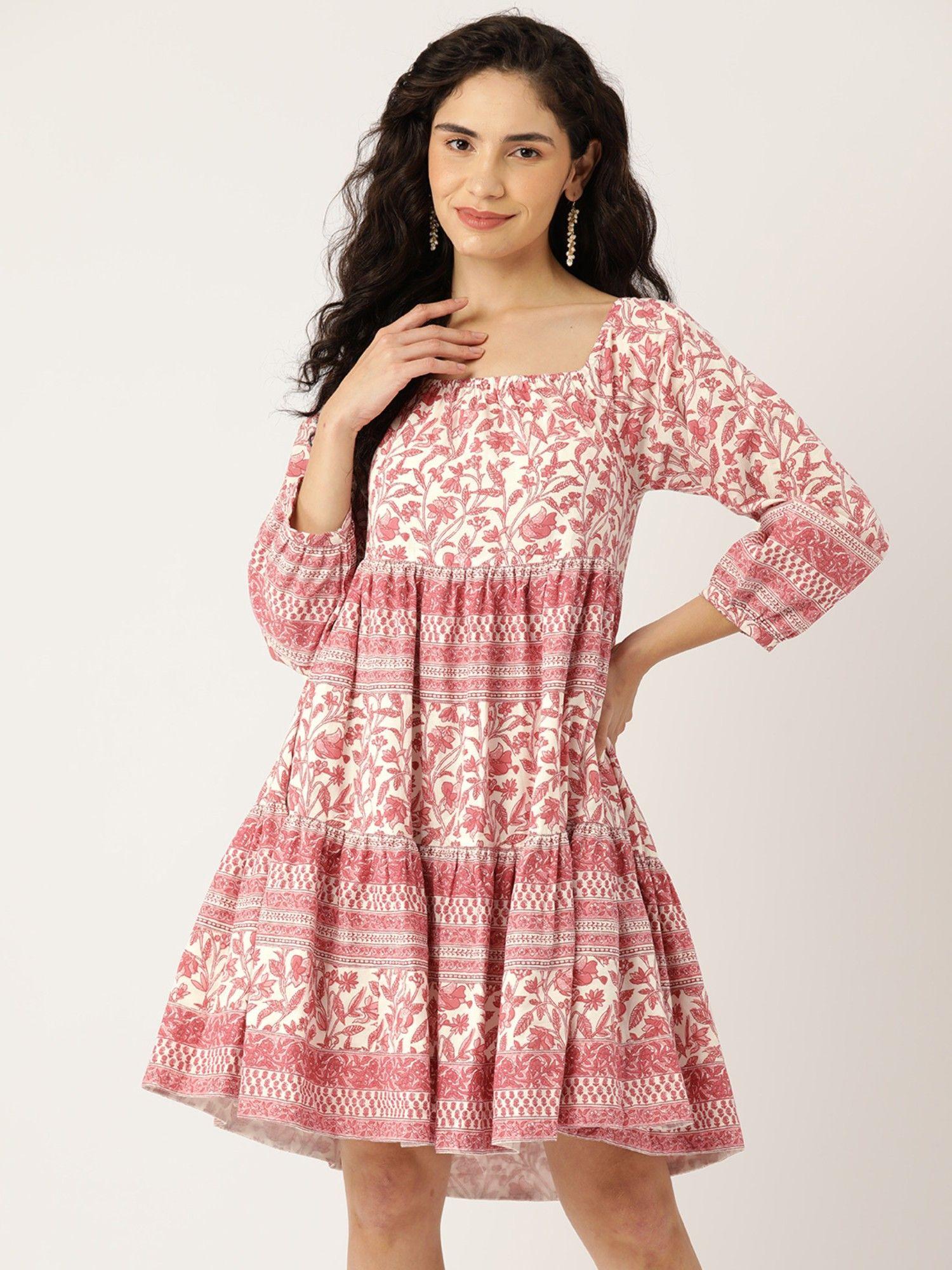 cotton pink printed square neck three fourth sleeves women dresses