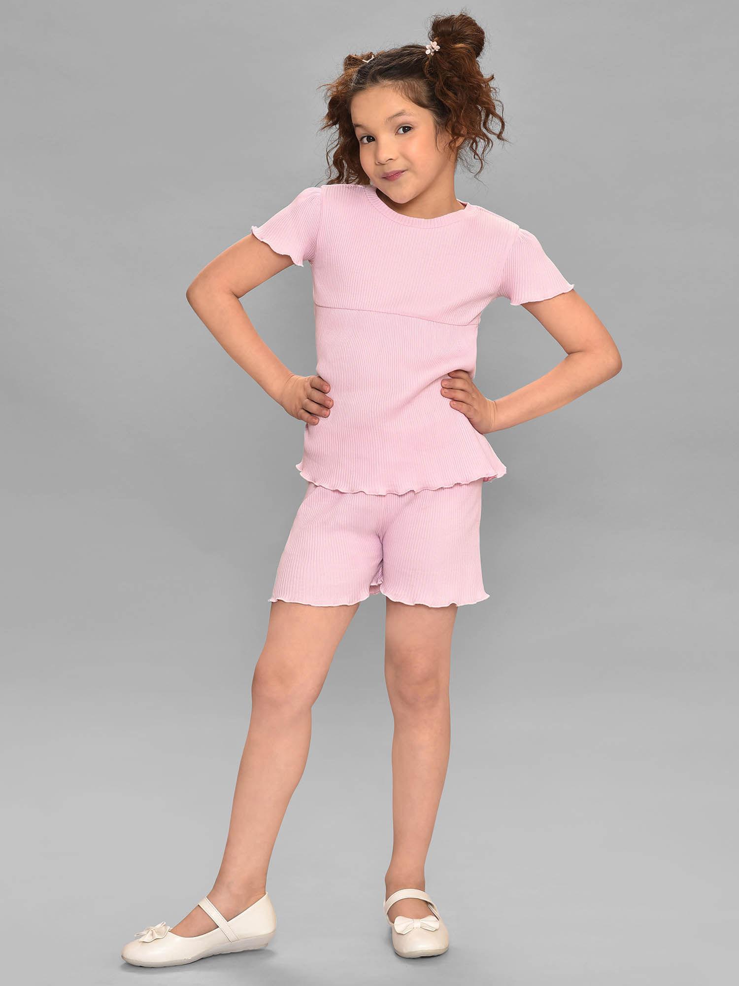 cotton pink top with shorts for girls (set of 2)