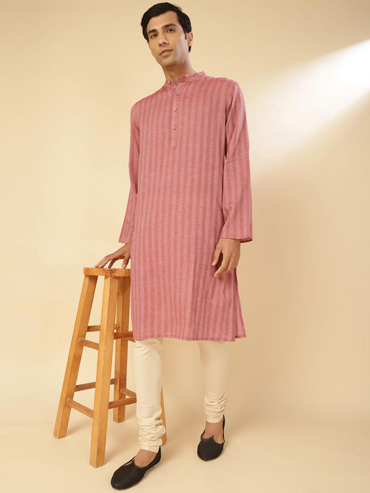 cotton pink woven stripes mandarin neck full sleeves comfort fit men kurta