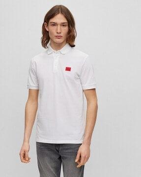 cotton pique logo label slim fit polo t-shirt