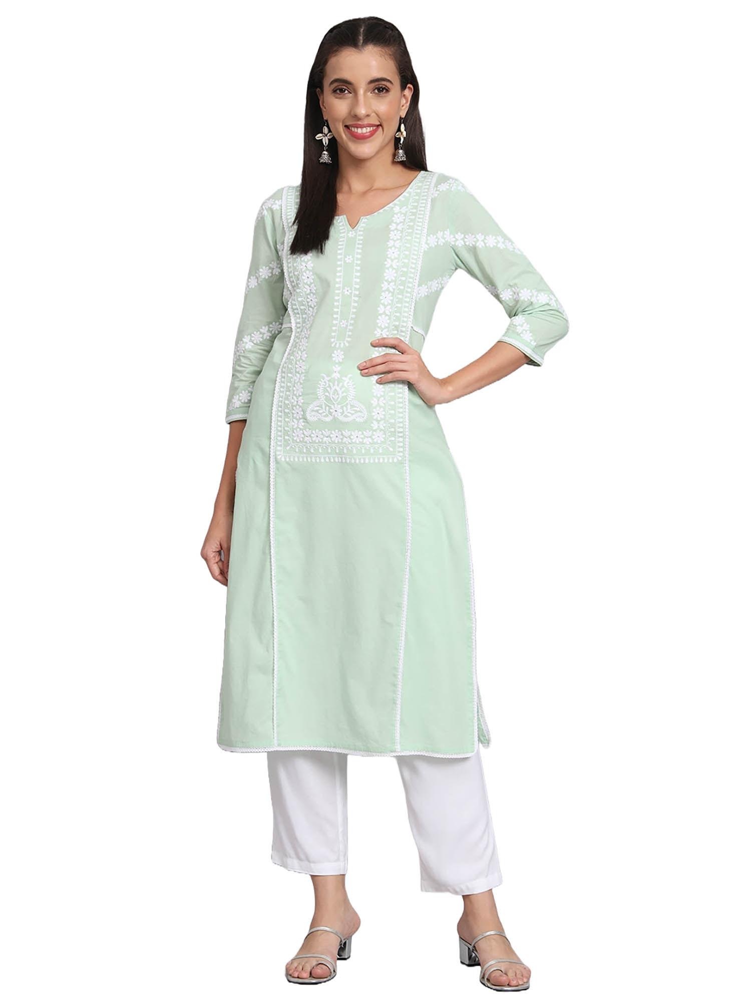 cotton pista green chikankari embroidered straight kurta with lace embellishment