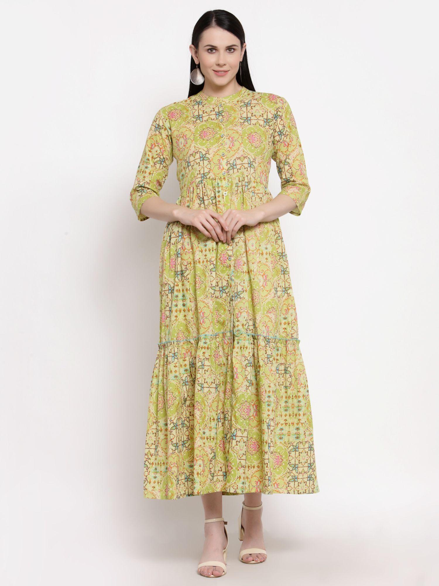 cotton pista green floral print a-line dress