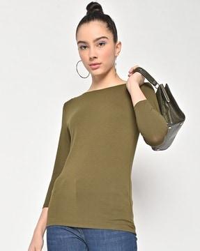 cotton plain boat-neck top