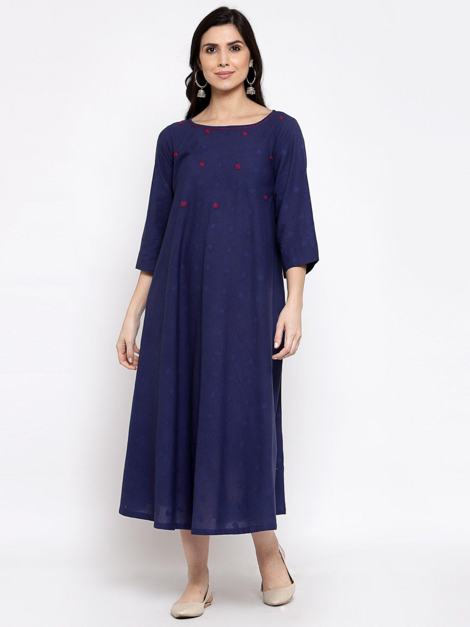 cotton polka dot dress with hand embroidery -blue