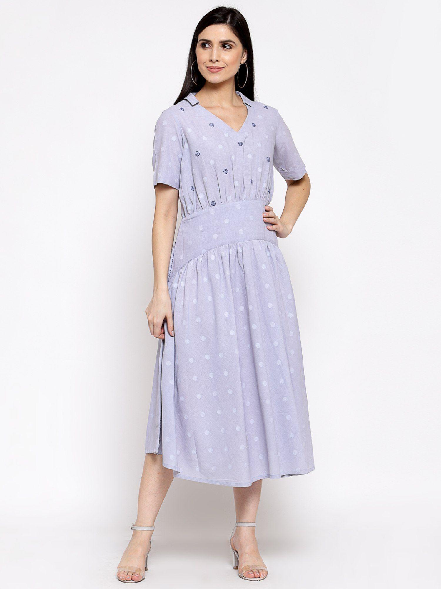 cotton polka dot dress with hand embroidery -blue