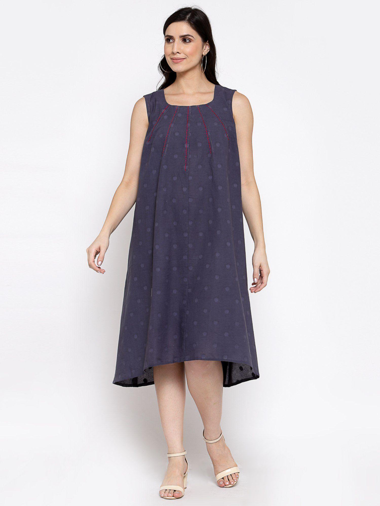 cotton polka dot dress with hand embroidery -blue