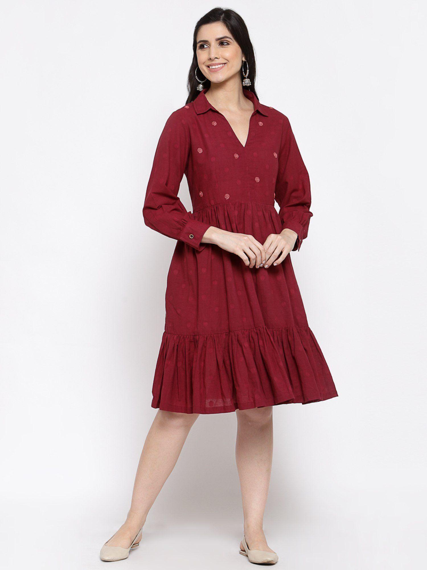 cotton polka dot dress with hand embroidery -maroon