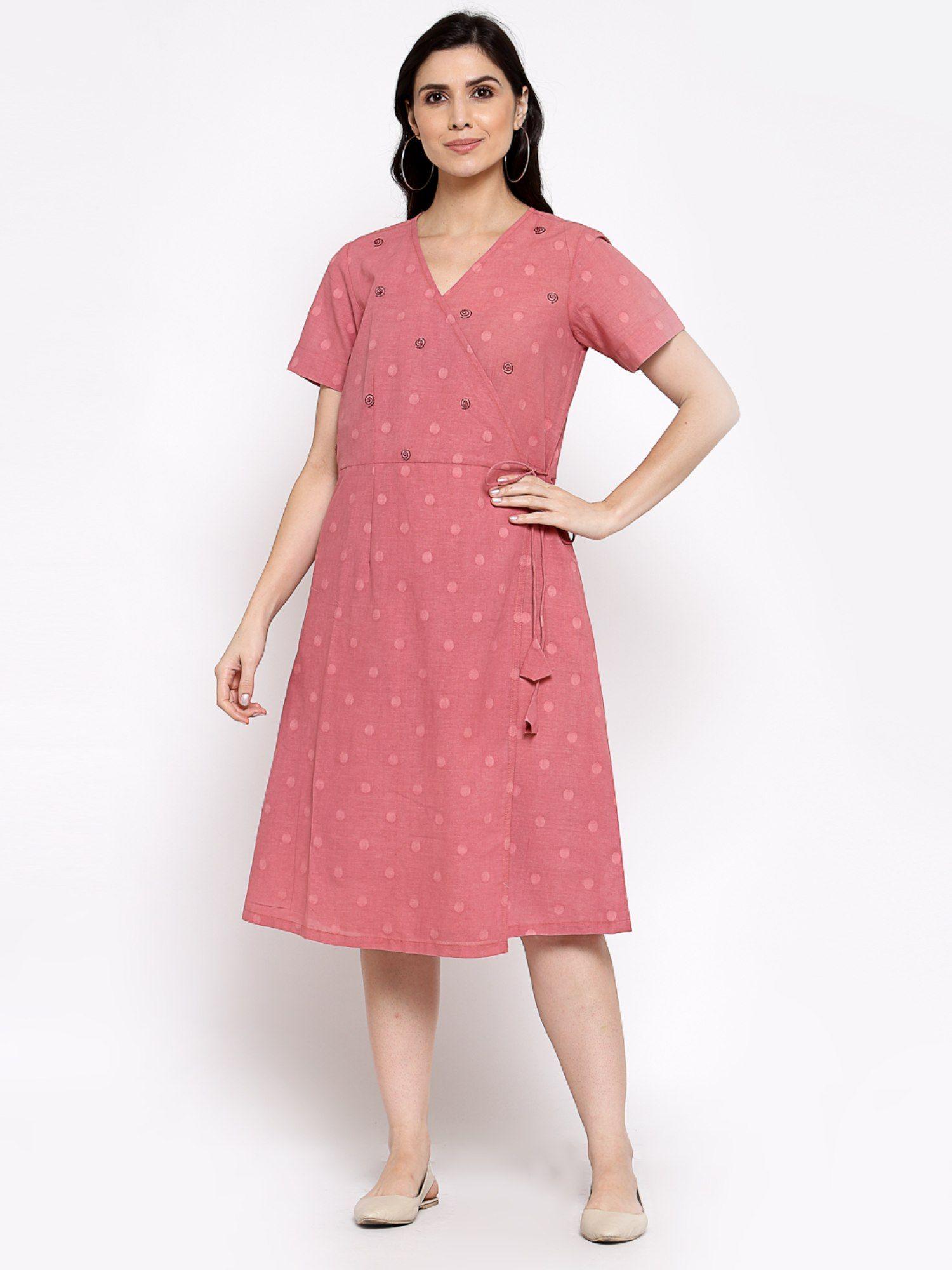 cotton polka dot dress with hand embroidery -peach