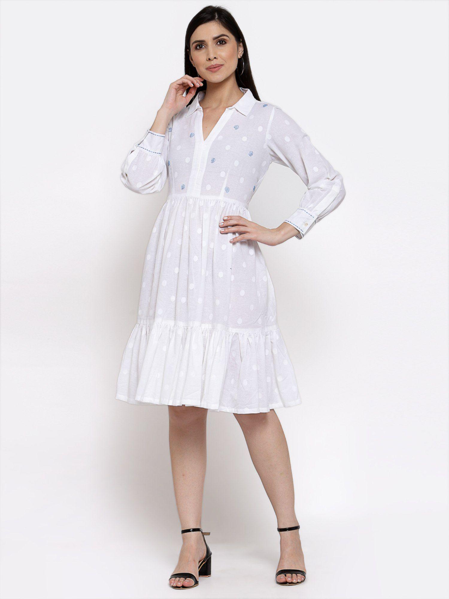 cotton polka dot dress with hand embroidery -white