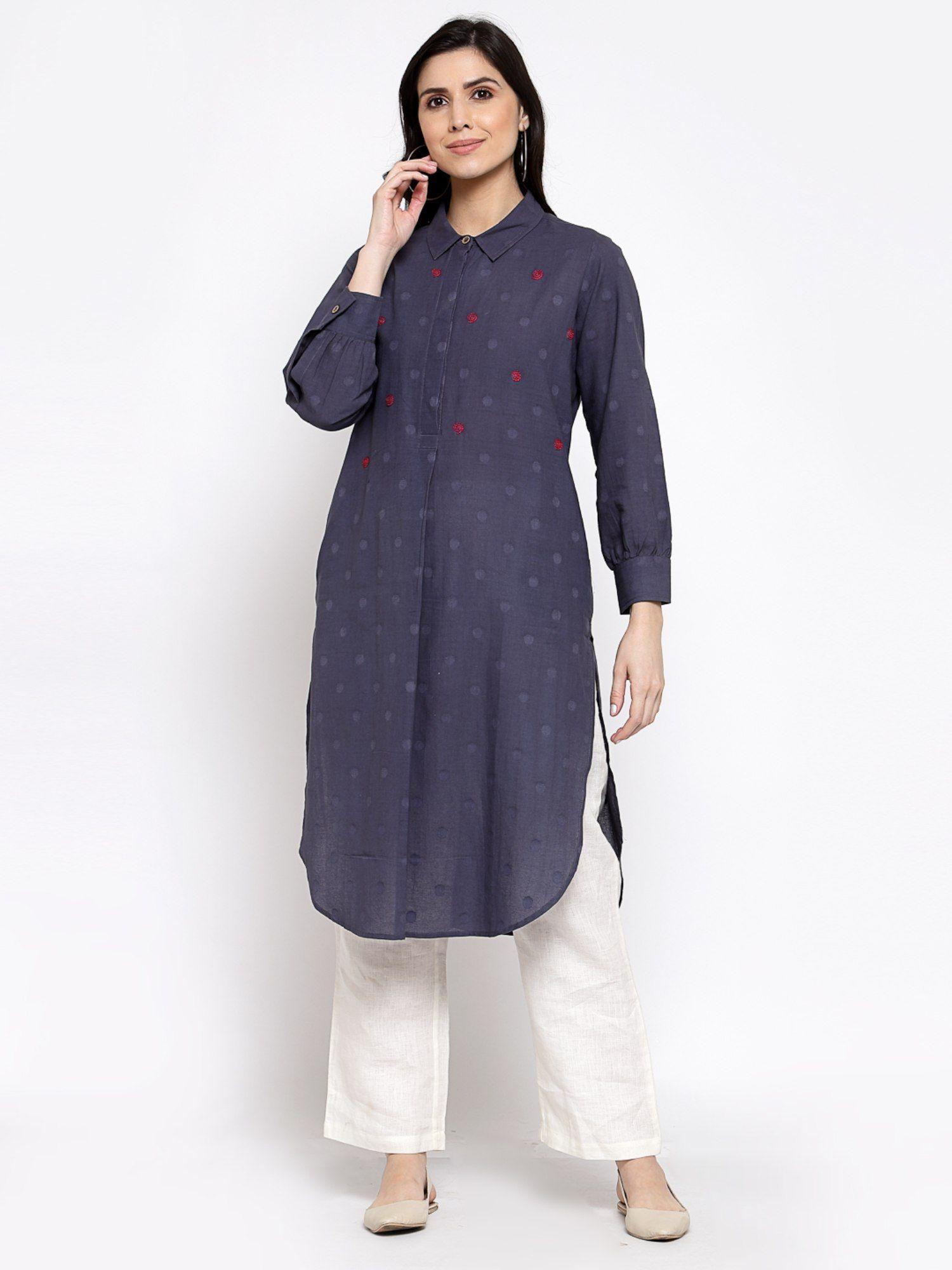 cotton polka dot kurta with hand embroidery -blue