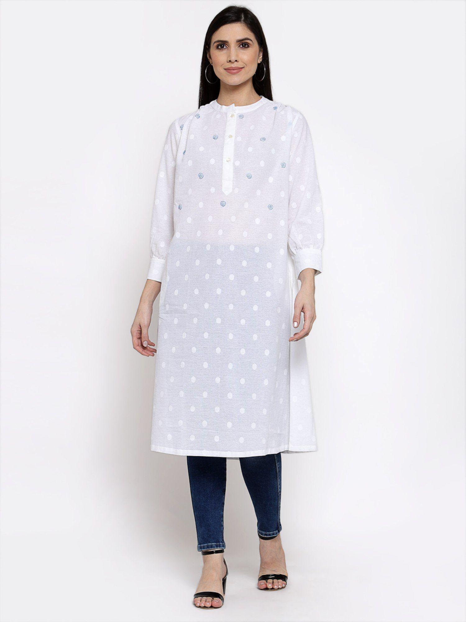 cotton polka dot kurta with hand embroidery -white