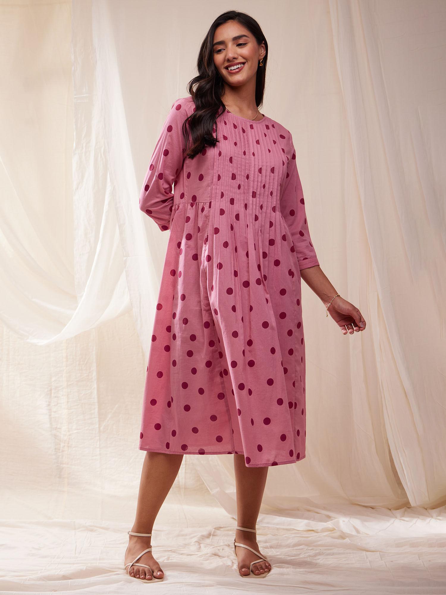 cotton polka print a-line dress- pink