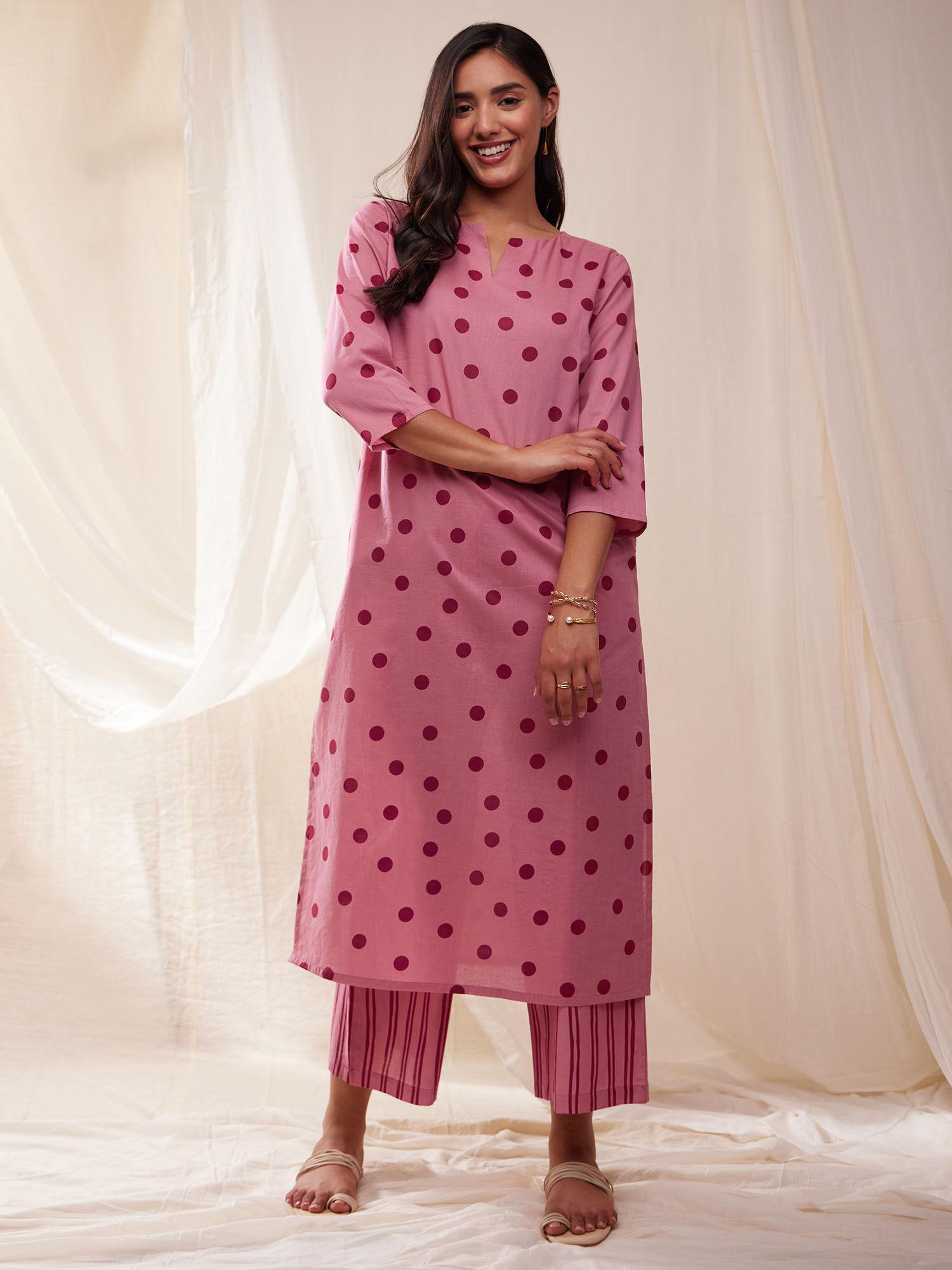 cotton polka print straight kurta- pink