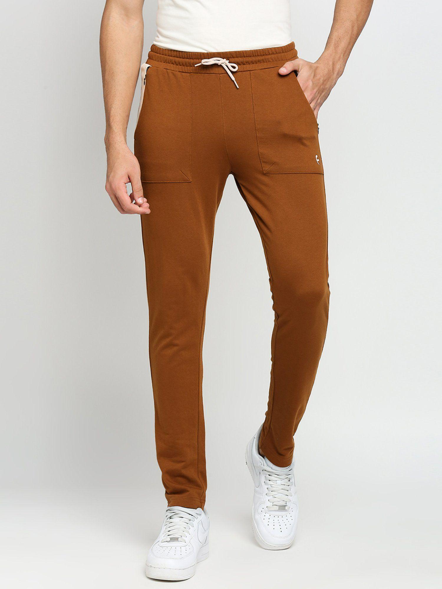 cotton polyester slim fit french terry knit joggers for mens - brown