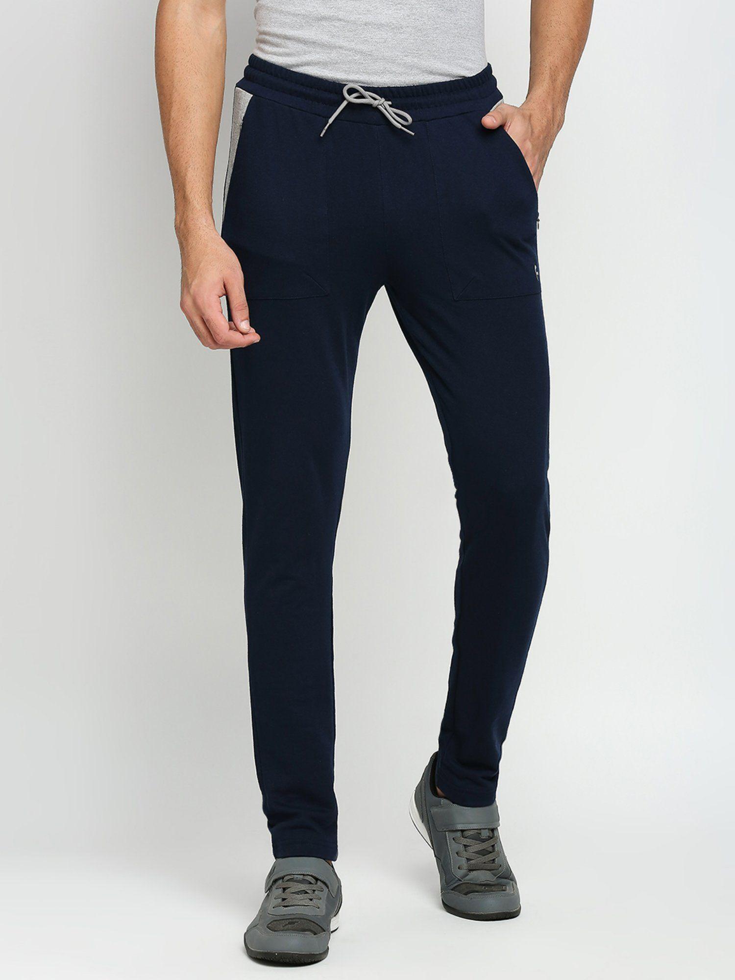 cotton polyester slim fit french terry knit joggers for mens - navy blue