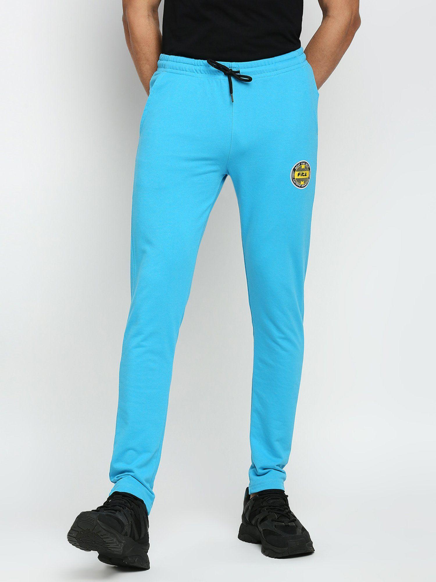 cotton polyester slim fit french terry knit joggers for mens - turquoise