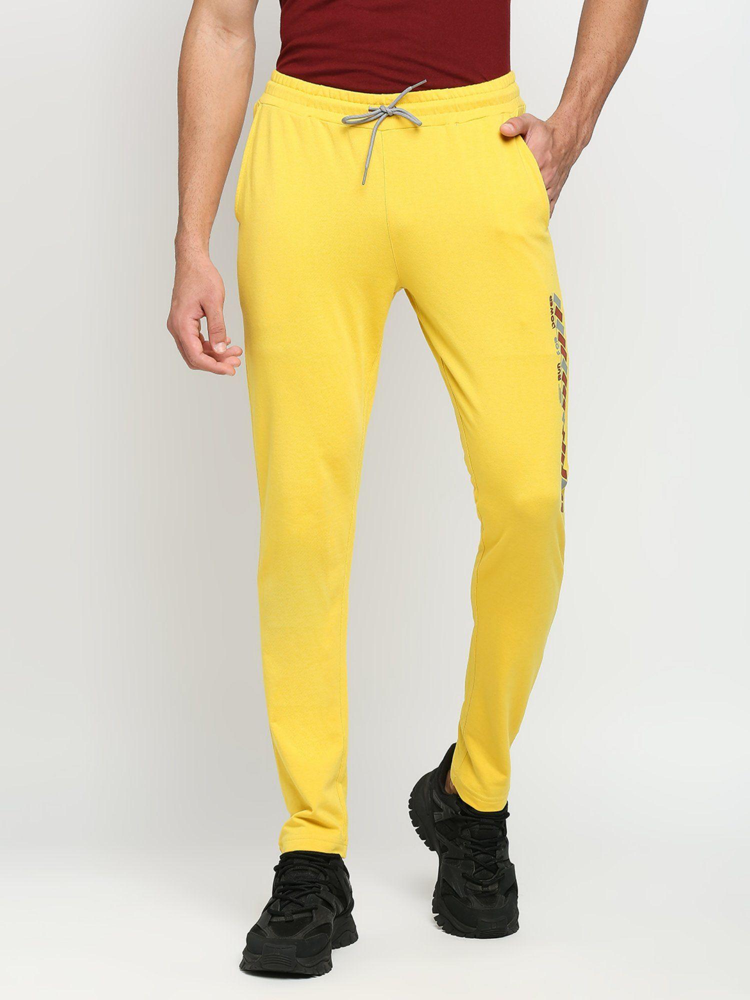 cotton polyester slim fit french terry knit joggers for mens - yellow