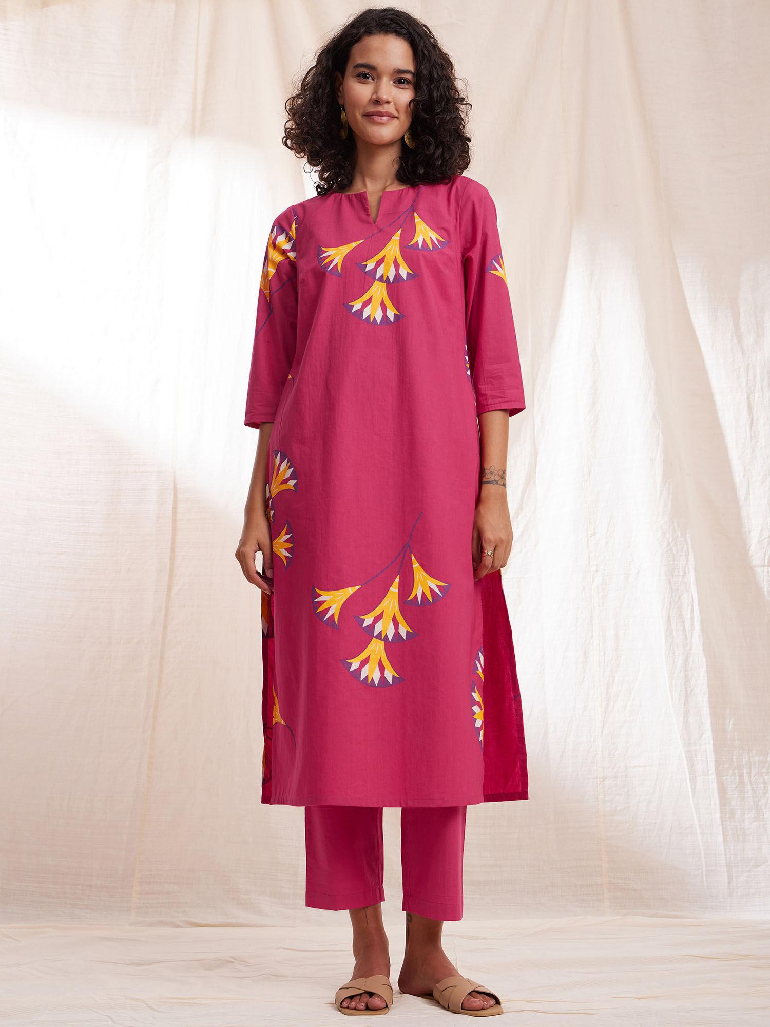 cotton poplin floral a-line kurta - pink