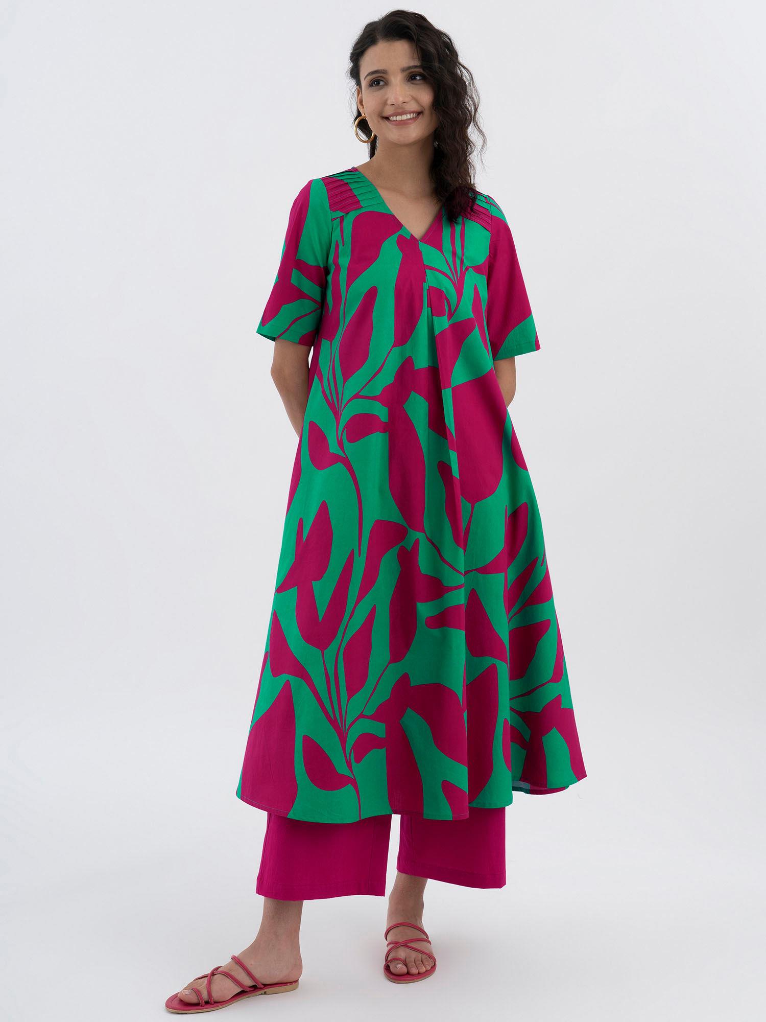 cotton poplin floral a-line kurta green & pink