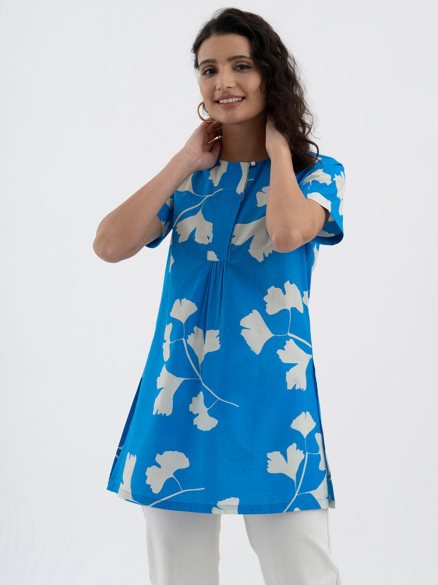 cotton poplin floral tunic blue