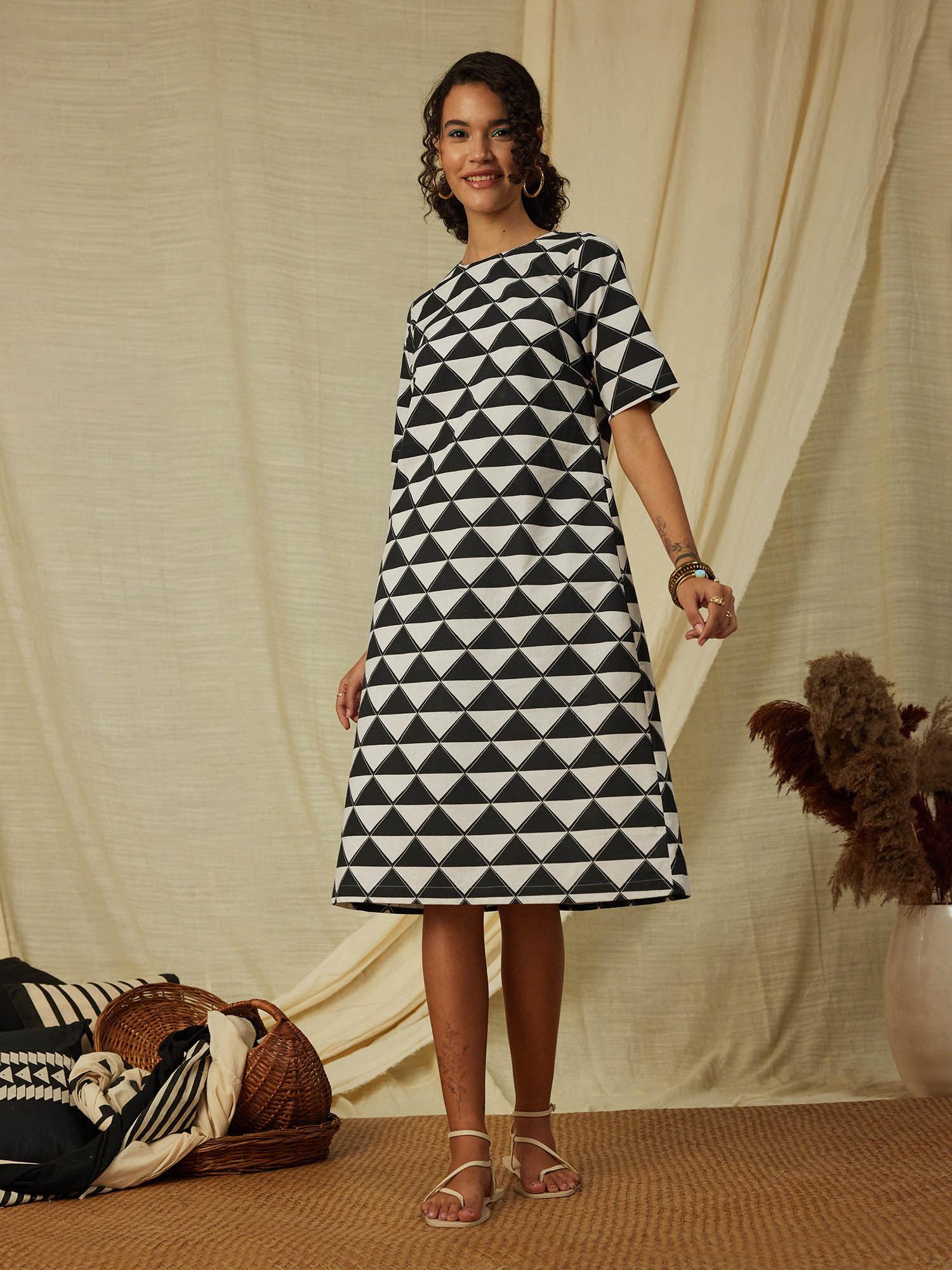 cotton poplin geometric print dress black & cream