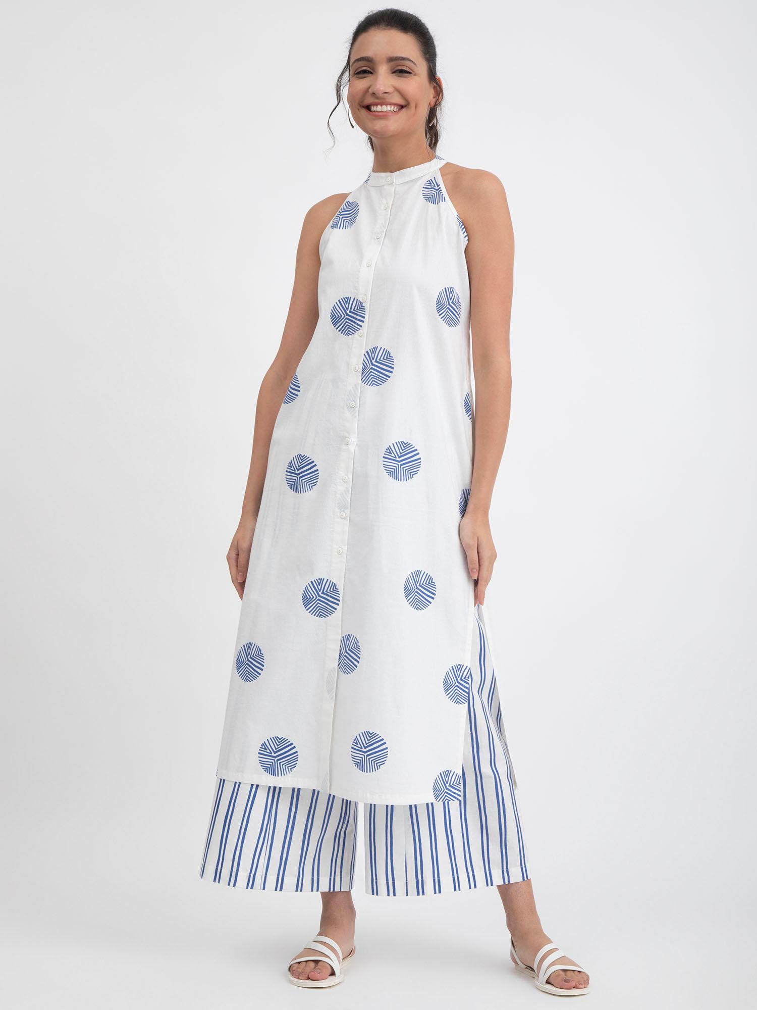 cotton poplin polka halter neck kurta - white