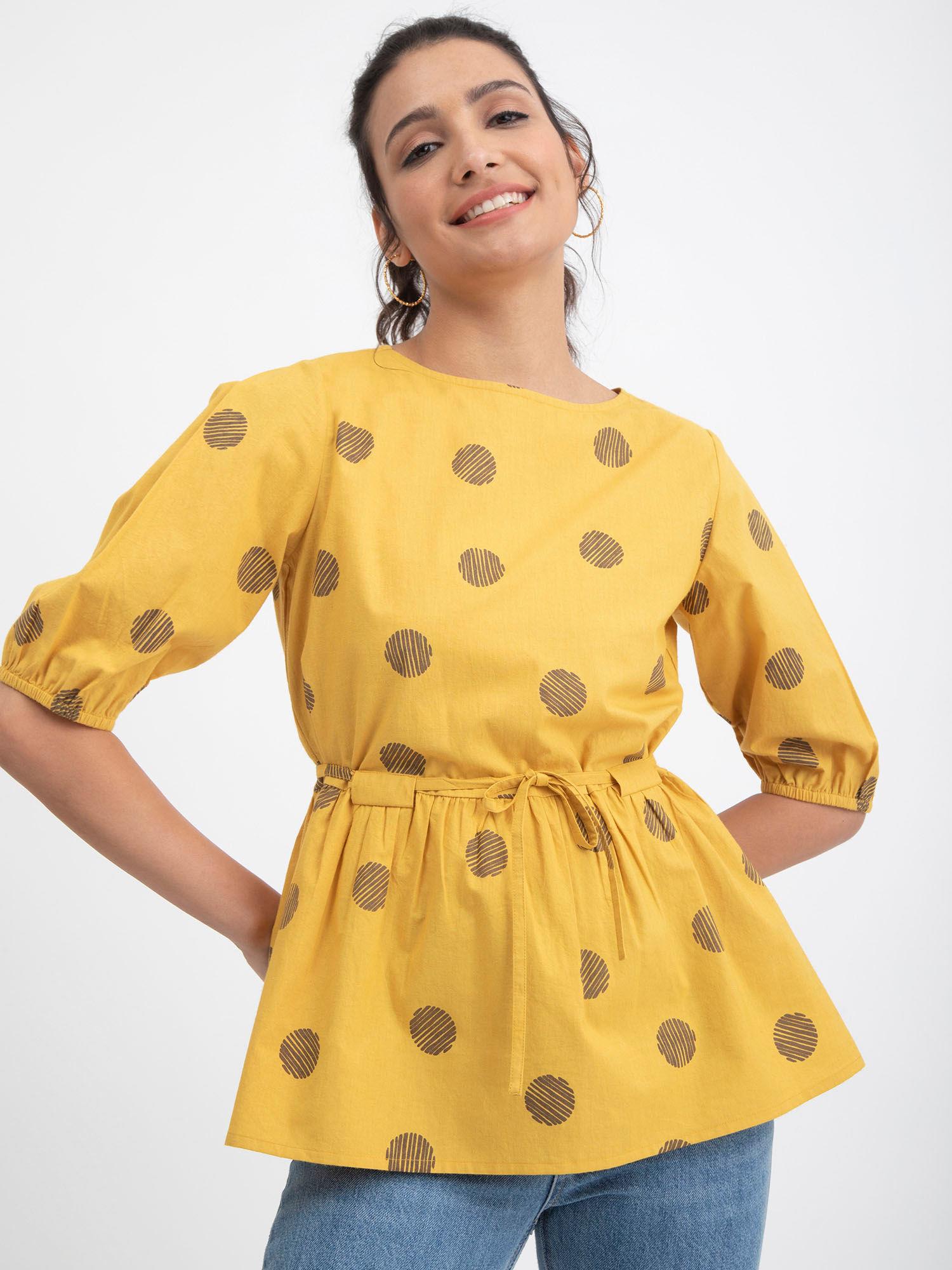 cotton poplin polka puff sleeves top - mustard