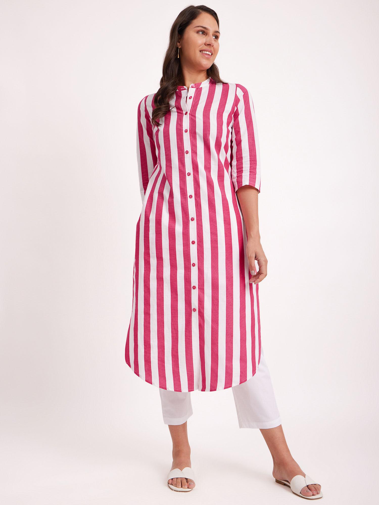 cotton poplin stripe play straight kurta - pink & white